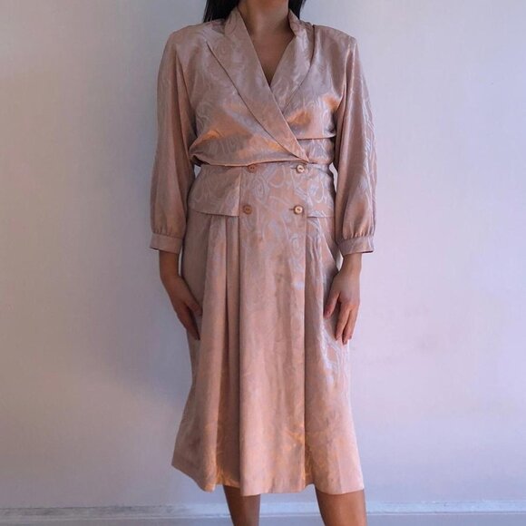 Vintage 1970s Party Dress - Shiny Beige Abstract Print - Scarlett Size 11/12